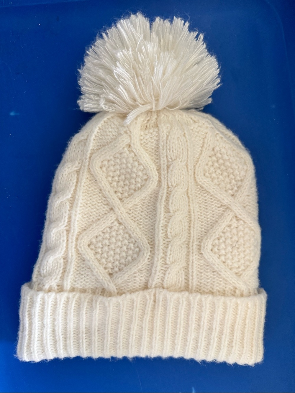 Sonoma Ivory Cable Knit Pom Pom Beanie Hat Plush Fleece Lined One Size